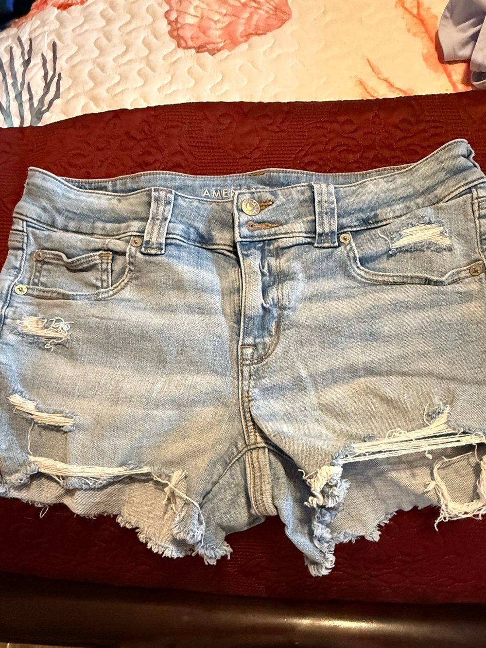 AMERICAN EAGLE Light Blue Distressed Denim Shorts